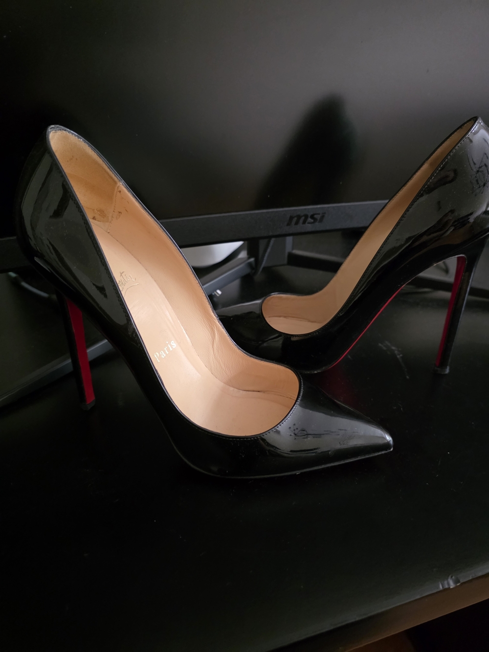 Christian Louboutin Black Patent Stiletto Pumps with Red Soles Kate 38.5